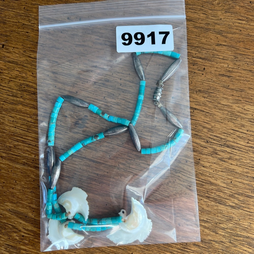 Southwestern Turquoise Heishi Bird Fetish Necklace MOP Shell Eagle Vintage - Picture 11 of 11